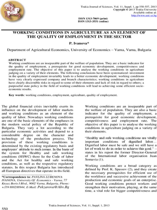Working Conditions in Agriculture as an Element of the Quality of Employment in the Sector