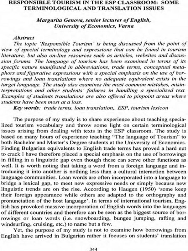 Responsible Tourism in the Esp Classroom: Some Terminological and Translation Issues