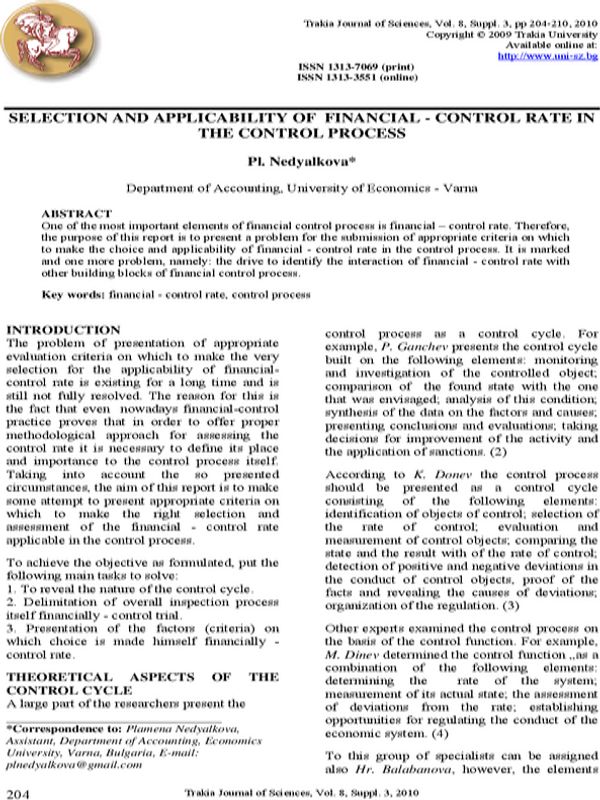 Selection and Applicability of Financial-control Rate in the Control Process