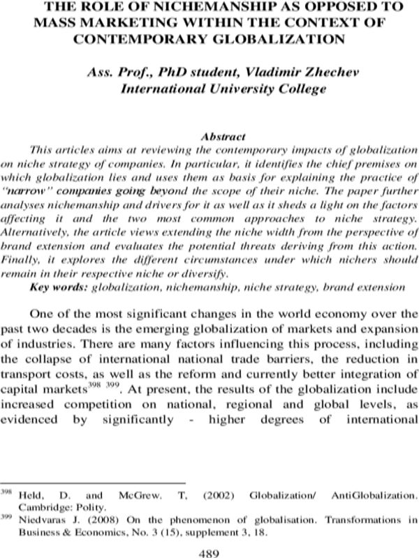 The role of Nichemanship as opposed to mass marketing within the context of contemporary globalization