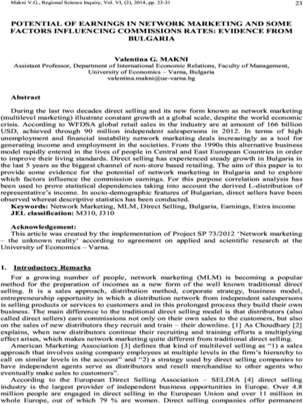 Potential of Earnings in Network Marketing and Some Factors Influencing Comissions Rates: Evidence from Bulgaria