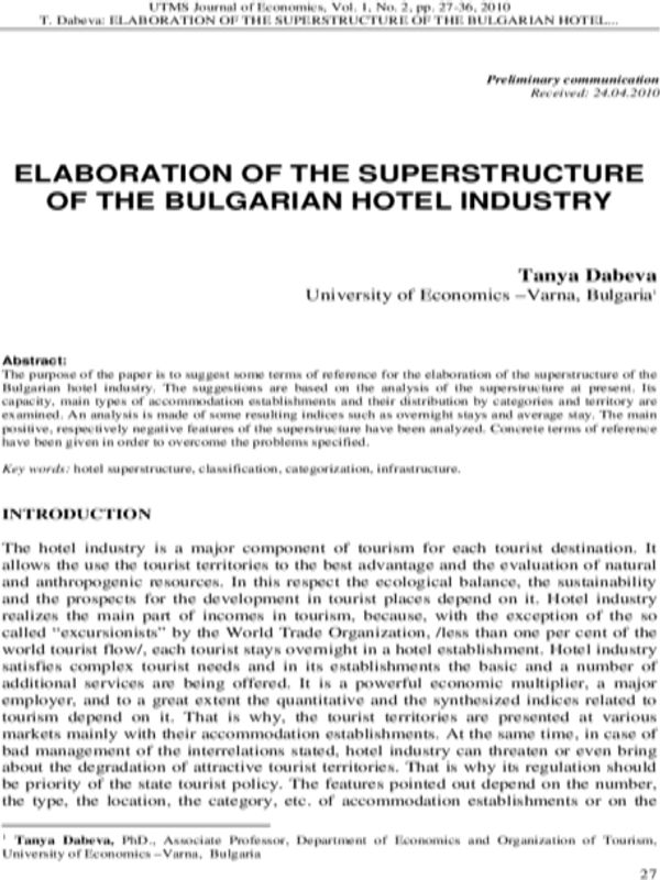 Elaboration of the Superstructure of the Bulgarian Hotel Industry