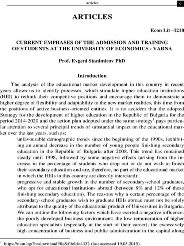 Current Emphases of the Admission and Training of Students at the University of Economics - Varna