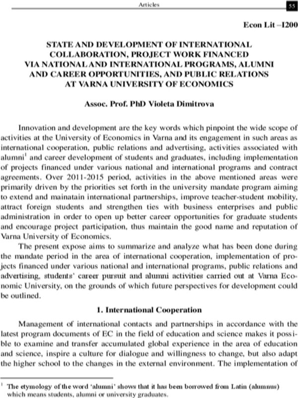 State and Development of International Collaboration, Project Work Financed Via National and International Programs, Alumni and Career Opportunities, and Public Relations at Varna University of Economics