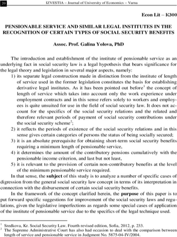 Pensionable Service and Similar Legal Institutes in The Recognition of Certain Types of Social Security Benefits