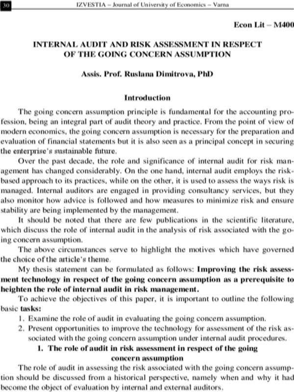 Internal Audit and Risk Assessment Connected with the Going Concern Assumption