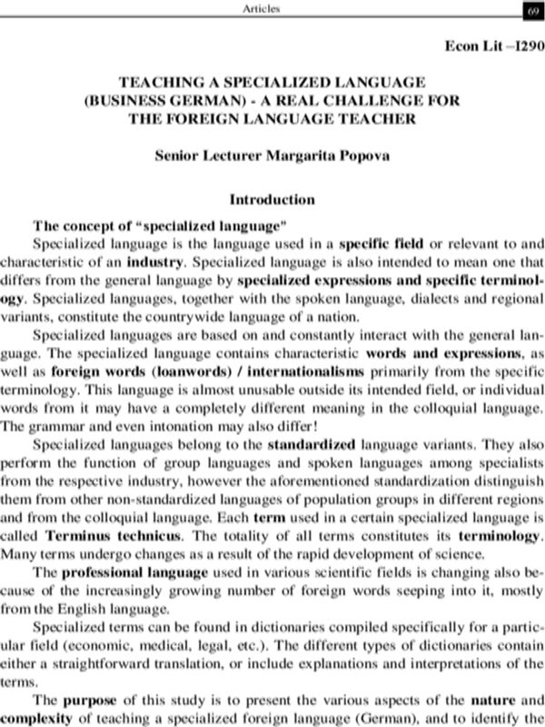 Teaching a Specialized Language (Business German) - a Real Challenge for the Foreign Language Teacher