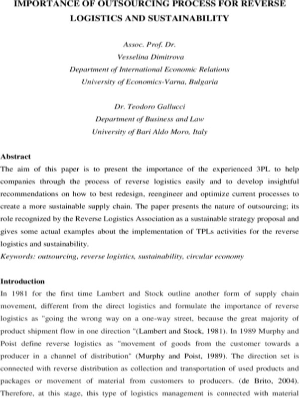 Importance of Outsorcing Process for Reverse Logistics and Sustainability