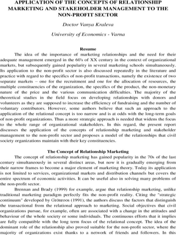Application of the Concepts of Relationship Marketing and Stakeholder Management to the Non-profit Sector