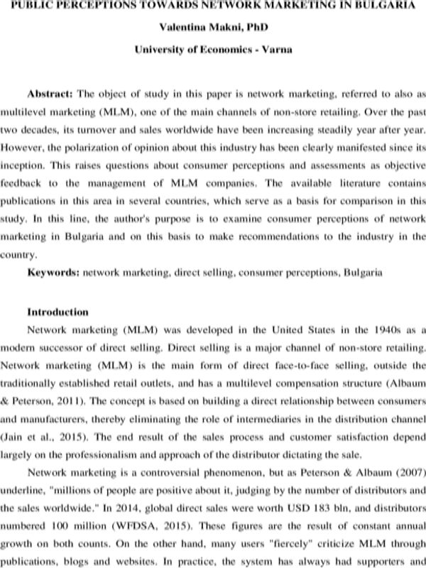 Public Perceptions Towards Nerwork Marketing in Bulgaria