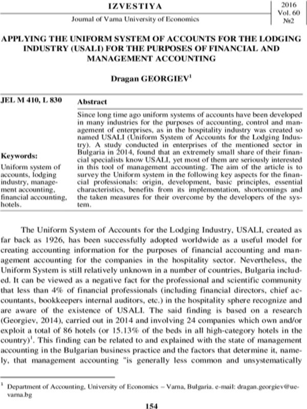 Applying the Uniform System of Accounts for the Lodging Industry (USALI) for the Purposes of Financial and Management Accounting