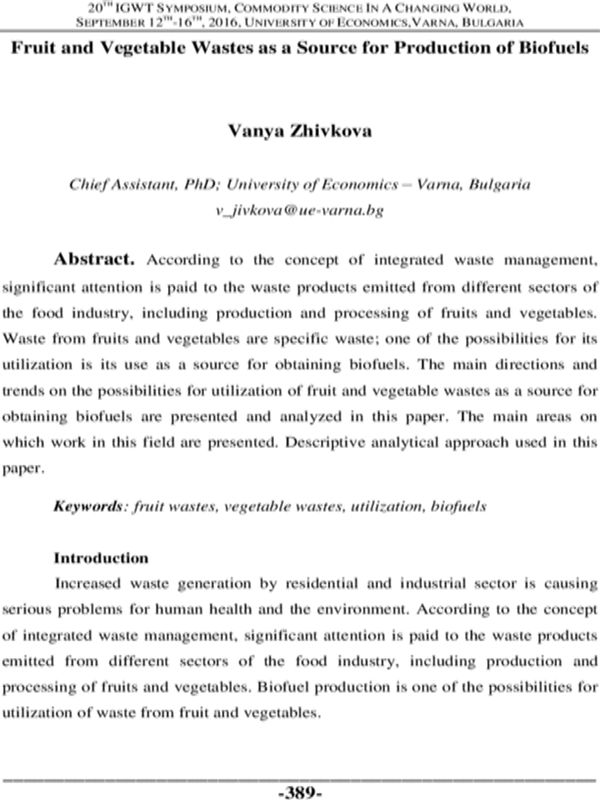 Fruit and Vegetable Wastes as a Source for Production of Biofuels