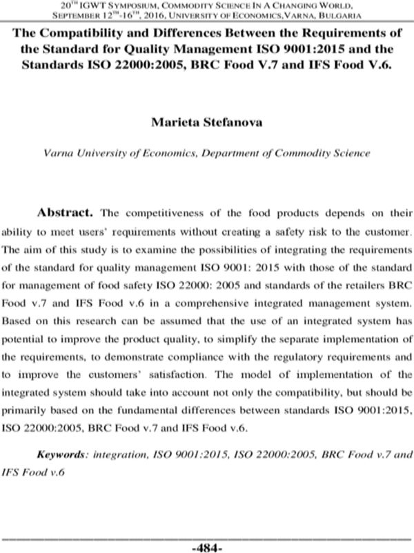 The Compatibility and Differences Between the Requirements of the Standard for Quality Management ISO 9001:2015 and the Standards ISO 22000:2005, BRC Food V.7 and IFS Food V.6.
