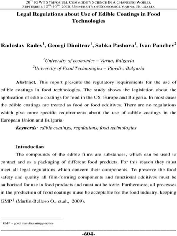 Legal Regulations about Use of Edible Coatings in Food Technologies