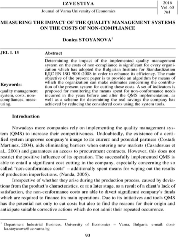 Measuring the Impact of The Quality Management Systems on the Costs of Non-Compliance