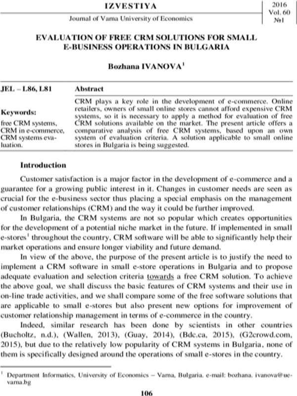 Evaluation of Free CRM Solutions for Small E-business Operations in Bulgaria