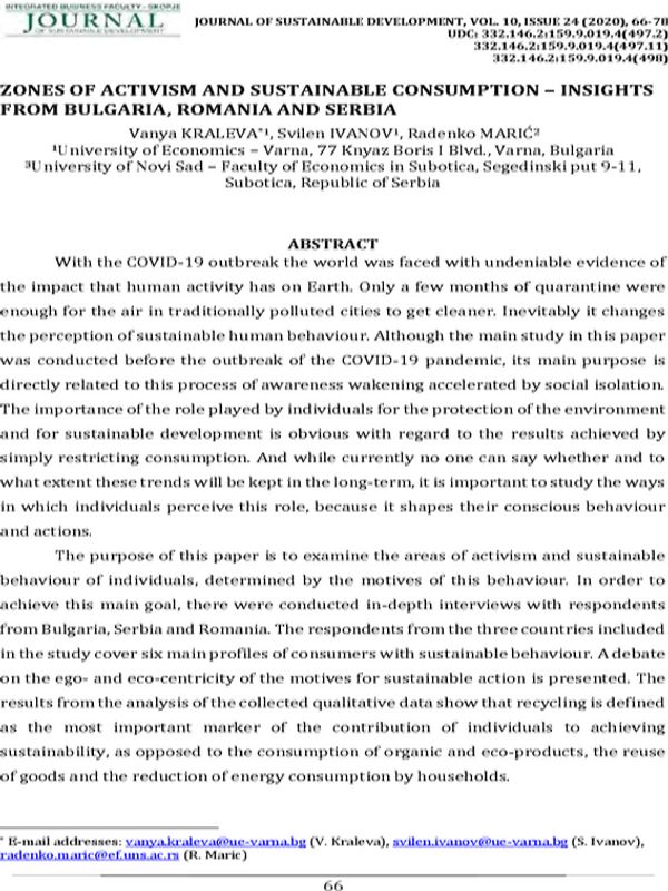 Zones of Activism and Sustainable Consumption - Insights from Bulgaria, Romania and Serbia