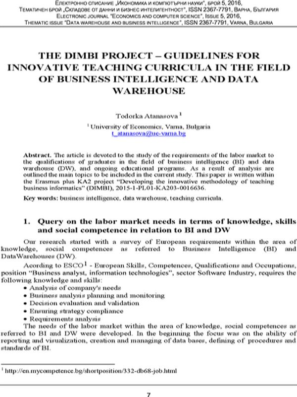 The DIMBI Project - Guidelines for Innovative Teaching Curricula in the Field of Business Intelligence and Data Warehouse