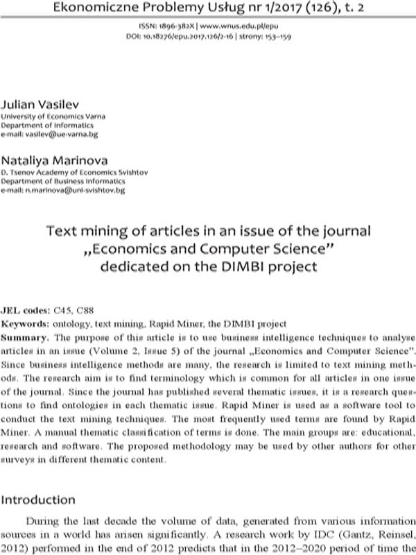 Text Mining of Articles in an Issue of the Journal "Economics and Computer Science" dedicated on the DIMBI Project
