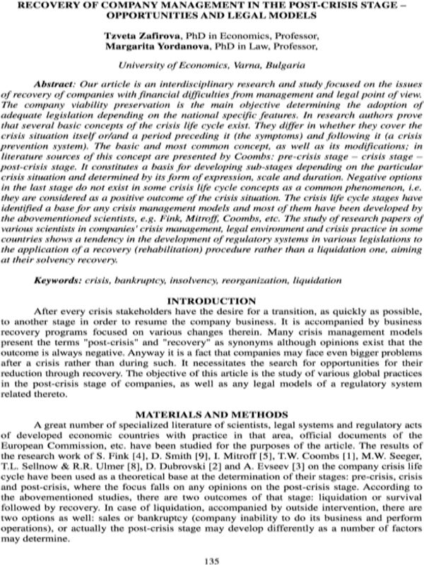 Recovery of Company Management in the Post-crisis Stage - Opportunities and Legal Models