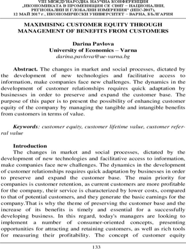Maximising Customer Equity Through Management of Benefits from Customers