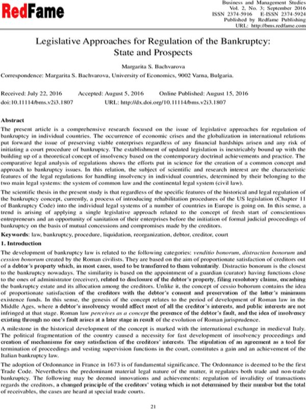 Legislative Approaches for Regulation of the Bankruptcy: State and Prospects