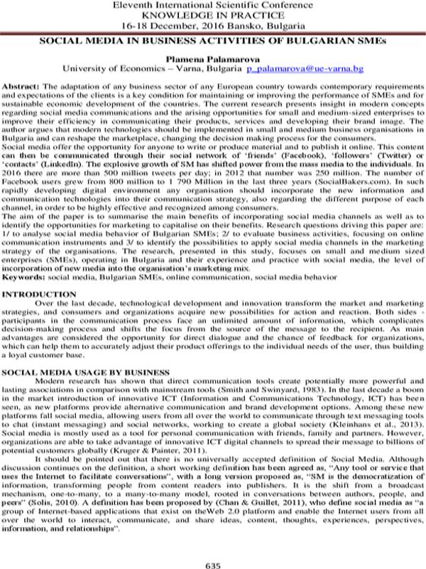Social Media in Business Activities of Bulgarian SMEs