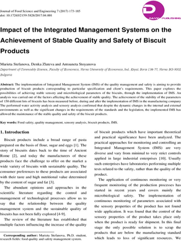 Impact of the Integrated Management Systems on the Achievement of Stable Quality and Safety of Biscuit Products