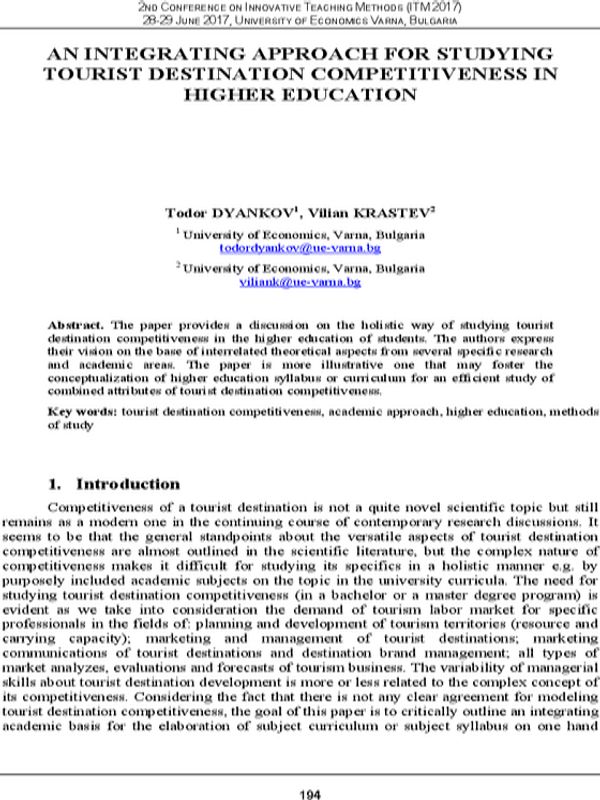 An Integrating Approach for Studying Tourist Destination Competitiveness in Higher Education