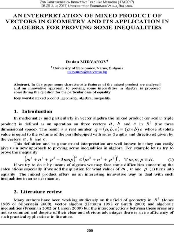 An Interpretation of Mixed Product of Vectors in Geometry and its Application in Algebra for Proving Some Inequalities