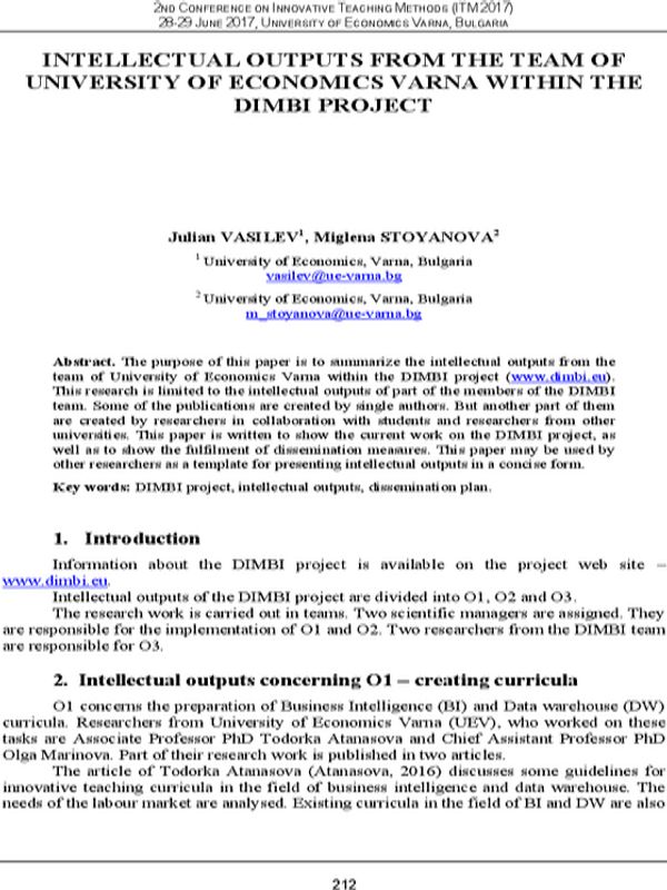 Intellectual outputs from the team of University of Economics Varna within the DIMBI project