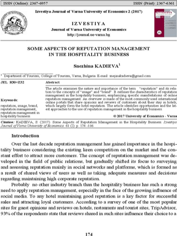 Some Aspects of Reputation Management in the Hospitality Business