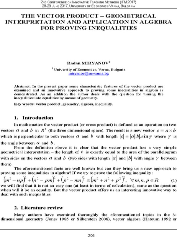 The Vector Product - Geometrical Interpretation and Application in Algebra for Proving Inequalities