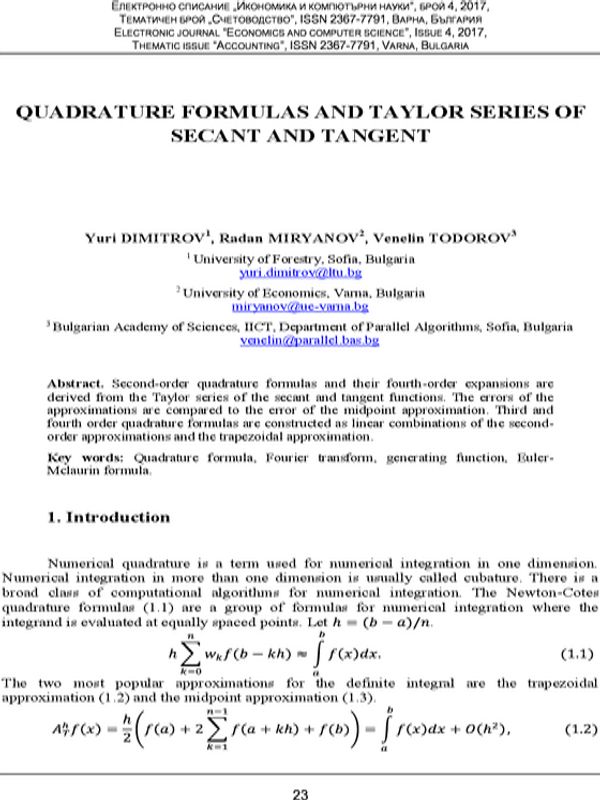 Quadrature Formulas and Taylor Series of Secant and Tangent
