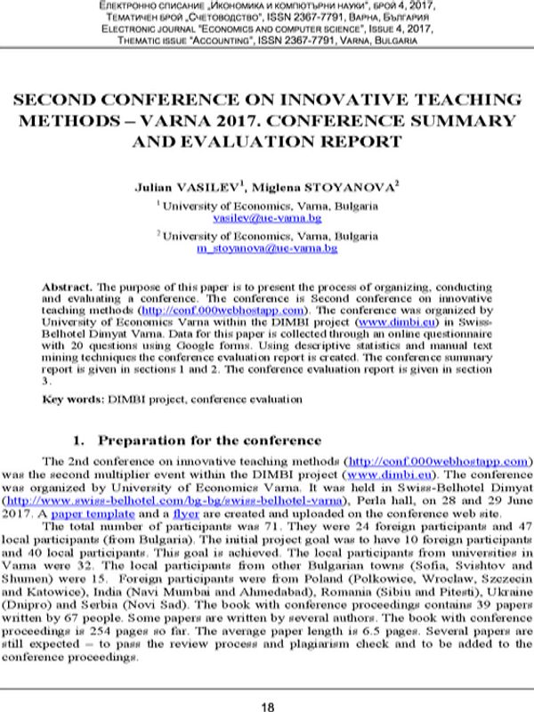 Second Conference on Innovative Teaching Methods - Varna 2017: Conference Summary and Evaluation Report