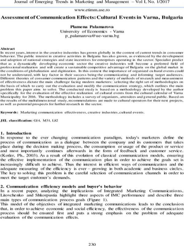 Assessment of Communication Effects: Cultural Events in Varna, Bulgaria