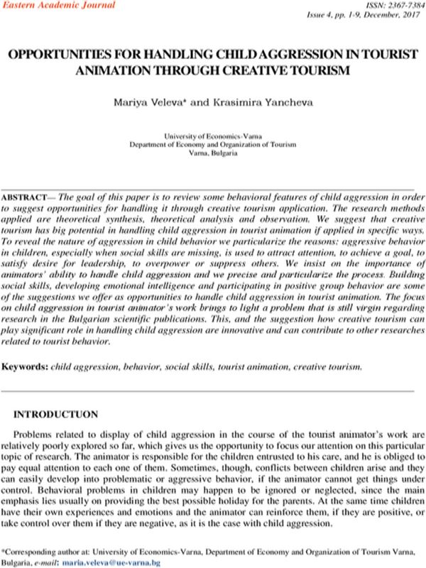 Opportunities for Handling Child Aggression in Tourist Animation through Creative Tourism