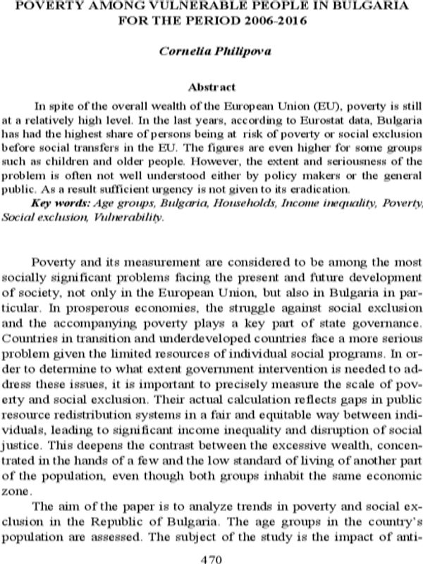 Poverty among Vulnerable People In Bulgaria for the Period 2006 - 2016