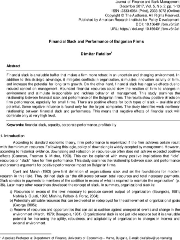 Financial Slack and Performance of Bulgarian Firms