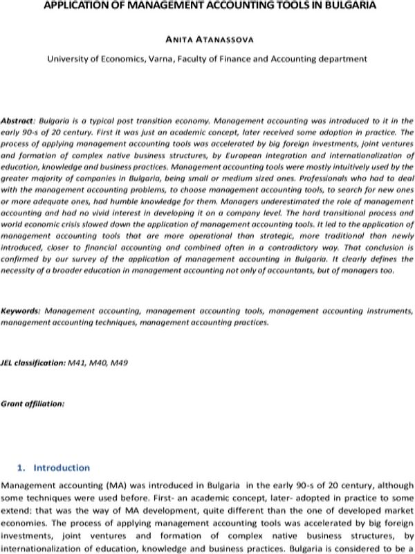 Application of Management Accounting Tools in Bulgaria