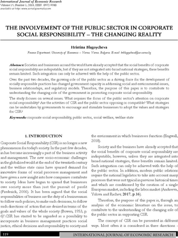 The Involvement of the Public Sector in Corporate Social Responsibility - the Changing Reality