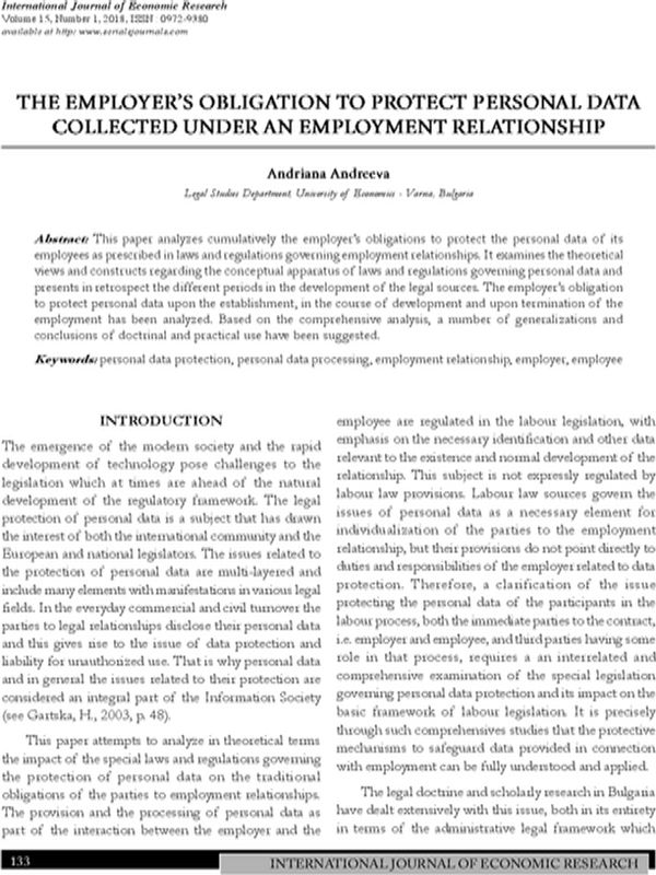 The Employer's Obligation to Protect Personal Data Collected under an Employment Relationship