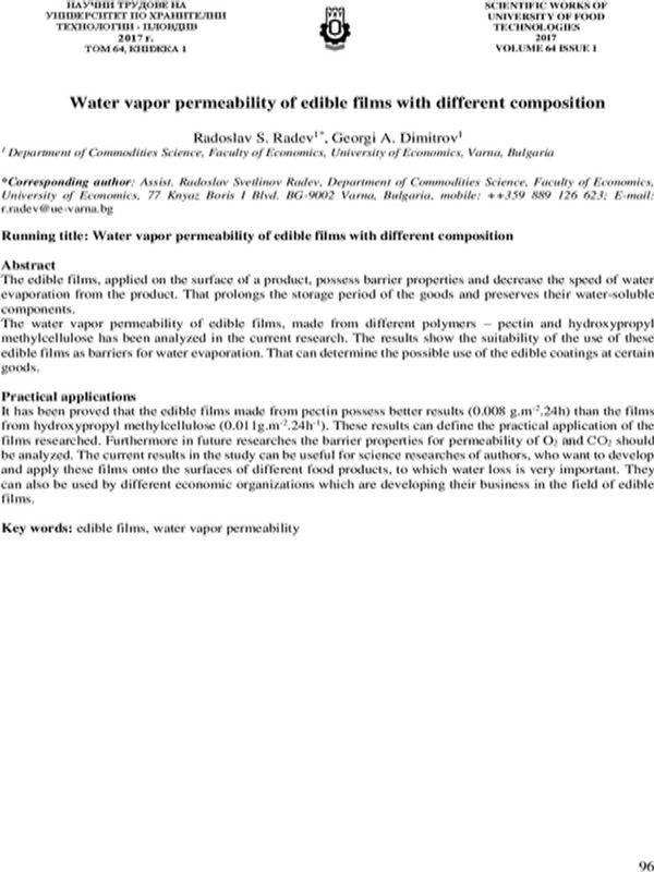 Water Vapor Permeability of Edible Films with Different Composition