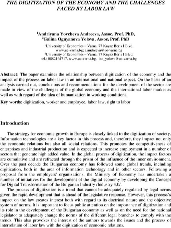 The Digitization of the Economy and the Challenges Faced by Labor Law