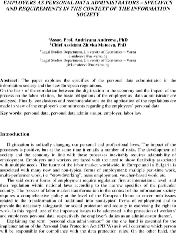Employers as Personal Data Administrators - Specifics and Requirements in the Context of the Information Society