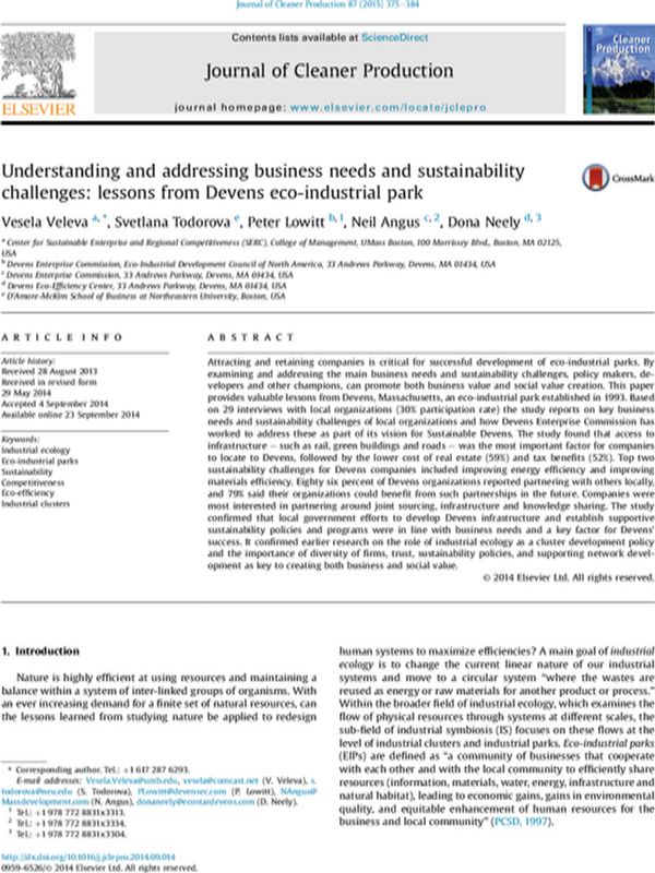 Understanding and Addressing Business Needs and Sustainability Challenges: Lessons from Devens Eco-Industrial Park