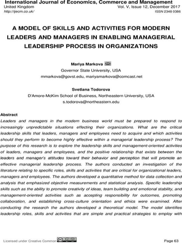 A Model of Skills and Activities for Modern Leaders and Managers in Enabling Managerial Leadership Process in Organizations