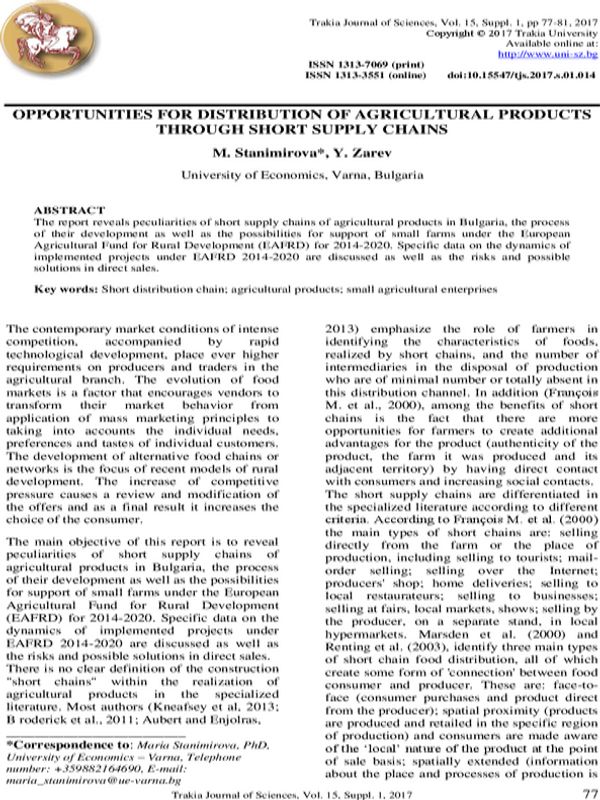 Opportunities for Distribution of Agricultural Products Through Short Supply Chains
