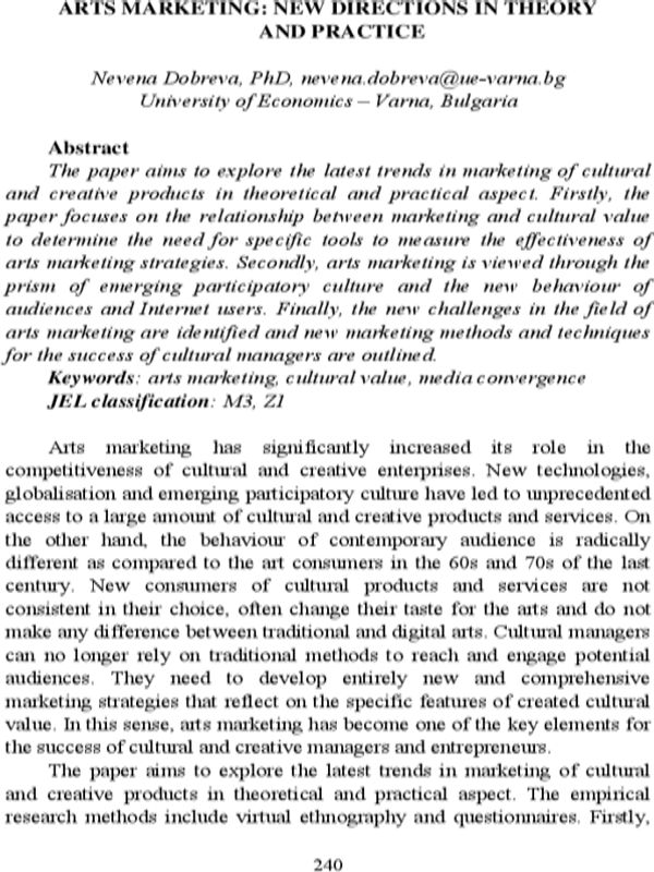 Arts Marketing: New Directions in Theory and Practice