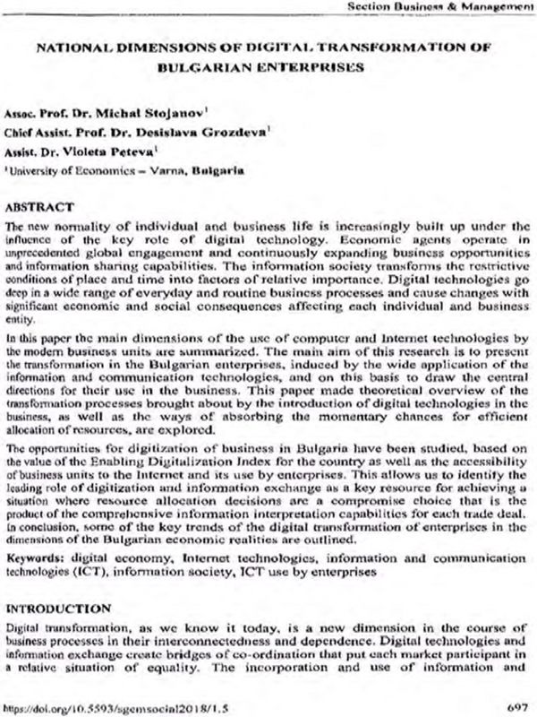 National Dimensions of Digital Transformation of Bulgarian Enterprises